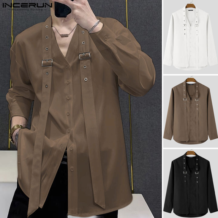 Medussa INCERUN Mens Stylish Design Eyelets Ribbon Long Sleeve Blouse ...