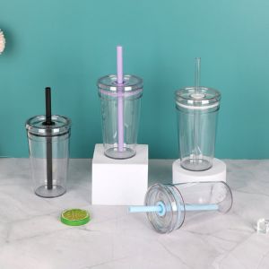 LSMSMAVDS โปร่งใสโปร่งใส ถ้วยฟางฟาง ใช้ซ้ำได้ 450มล. แก้วกาแฟถ้วย ภาชนะสำหรับดื่ม พลาสติกทำจากพลาสติก แก้วน้ำในรถ ออฟฟิศสำหรับทำงาน