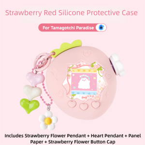 NOBLELYN with Panel Paper Pendant Protective Cover Silicone Knob Cover Protective Shell Game Accessories Parts Red Pink Strawberry Protective Case for Tamagotchi Paradise Uni Electronic Pets Game Toys