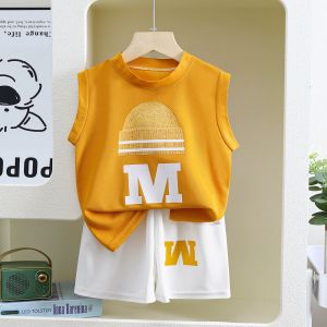 ชุดแขนกุด ชุดเด็กผู้ชาย กร้ามน่าร้อน เซท 2 ชิ้น ผ้าวาฟเฟิล สกรีนหมวก