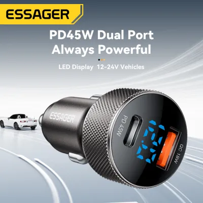 Essager 45W Digital Display USBA Type-C Car Charger Type C PD45W Fast Charging For iPhone 16 15-5 Huawei Samsung Xiaomi15 Trucks Pickups SUVs Vans USB A+C Digital Display PD3.0+QC3.0 Car Chargers
