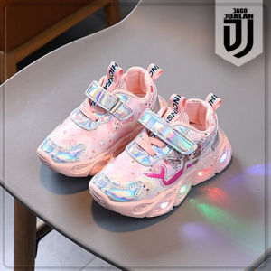 Sepatu Kets Lampu LED Tali Perekat Anak Balita Cewek Motif Mermaid Lucu / Sepatu Sneakers MERMAID Anak usia 1 2 3 4 5 6 tahun / Sepatu MENYALA Anak Perempuan Fashion Sport / Sepatu Running Anak LED Lucu Modis / Sepatu Baby Casual Wanita Motif Putri Duyung
