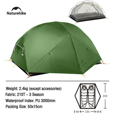 Naturehike เต็นท์ Mongar 2 คน 20D/210T ชั้นคู่ กันน้ำกันลม เบาพิเศษ 3 ฤดูกาล มีแผ่นรองพื้น
