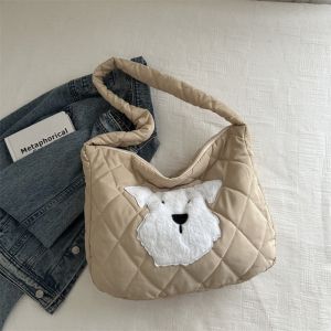 MEEU Polyester Down Cotton Padded Crossbody Bag Foldable Large Capacity Cartoon Dog Handbag Crossbody Bag Soft Plaid Messenger Bag Women