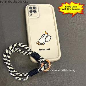 casing hp Samsung A12 5G terbaru 2025 Berbaring bebek datar kartun yang lucu Lanyard Anti -fall Model pasangan
