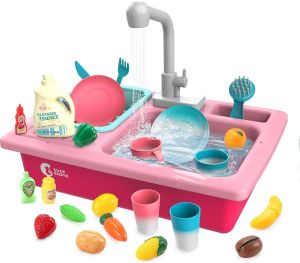 CUTE STONE Play Sink with Running Water Kitchen Sink Toys with Upgraded Electric Faucet Play Kitchen Toy Accessories Pool Floating Fishing Toys for Water Play Kids Role Play Dishwasher Toy
