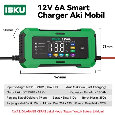 ISKU Charger Aki Otomatis 12V 6A Casan Baterai Mobil Motor Alat Cas Servis Aki Soak Pulse Repair Layar LCD Digital Pengecas Kendaraan Kering Basah AGM LiFePO4 Auto Stop Anti Konslet Aman