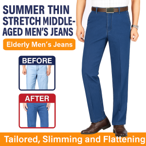 Summer Thin Stretch High Waist Comfortable Elastic Middle Aged Mens Jeans Casual Daily Wear Relaxed Fit Trousers For 40-50 Years Old Men