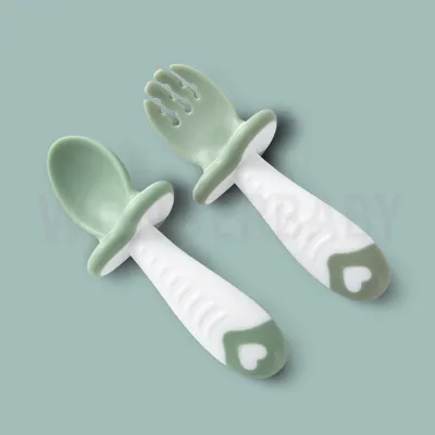 PREMIUM Baby Spoon and Fork Set Learn Eat Training Small Scoop Soft Licking Silicone Spoon&Fork Safety Baby Tableware