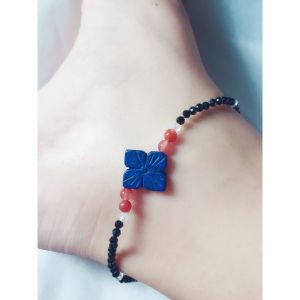 3mm Black Spinel Diamond Cut Crystal Anklet with Lapis Lazuli and South Red Agate| 3mm 切面黑尖晶脚链+青金石+南红玛瑙