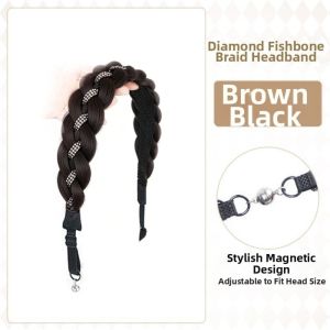 BEAUTYLADIES Adjustable Rhinestones Braids Headband Non-Slip Stylish Fishtail Braid Hair Hoop Hair Accessory Handmade ic Hair Extension for Women