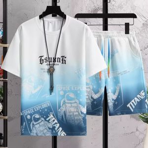 Mens Fashion Sport Set Breathable Short Sleeve T-Shirt with Shorts Mens Summer Ice Silk Athletic Wear