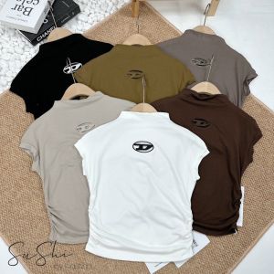 (Mẫu hot) Áo phông chữ D nhún eo cổ cao 6 màu Áo thun nữ ngắn tay  cổ lọ thêu logo chữ B nhún eo 2 bên ÁO thun tay hến