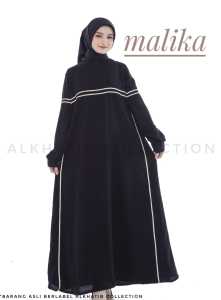 Gamis Syari Malika Maluvel Luxo Hitam dengan Bordir Silver Busui & Menyatu Satu Ujung