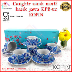 KOPIN 6 pasang cangkir set motif batik jawa biru 220ml KPB-02 / coffee tea set cup and saucer porcelain ceramic safe oven microwave