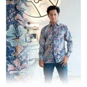 Kemeja batik pria lengan panjang baju batik pria modern baju kerja kantor pria dewasa soft blue