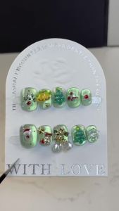 【HANDMADE+Free Glue】Short Square Circle Press on Nails Christmas mint green nails bow bells Merry Christmas nails Artificial Nail Phototherapy Fake Nail Patch Nails Reusable