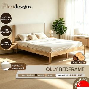 Flexidesignx OLLY Wood Bed Frame Queen King Size Solid Wood Base Fabric Headboard fit Up to 200kg
