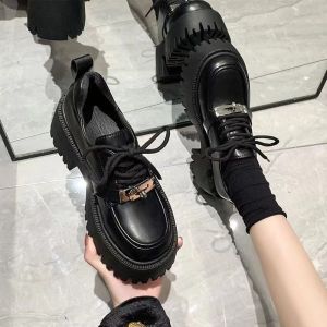 Free Shipping WomenS Loafers New Spring/Autumn Styles Fashionable Chunky-Heeled Thick-Soled Casual Versatile Lace-Up And Simple Leather Shoes