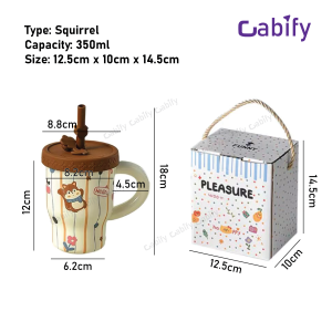 Cabify Ceramic 350ml Cute Animal Cartoon Drinking Cup Gift Set Handgrip with Food Grade Silicone Straw and Lid Gift Box