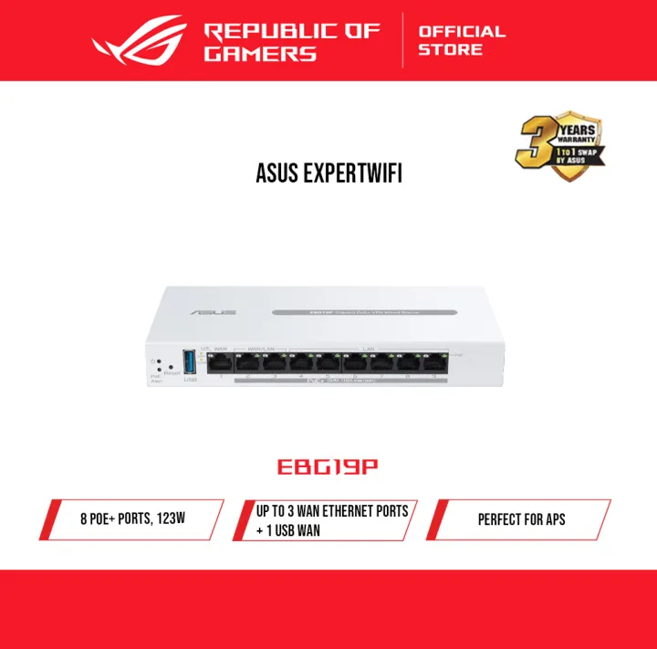 ASUS ExpertWiFi EBG19P Gigabit PoE+ VPN wired router, 8 PoE+ ports, 123W, Up to 3 WAN ethernet ports + 1 USB WAN, Perfect for APs, Commercial-grade network
