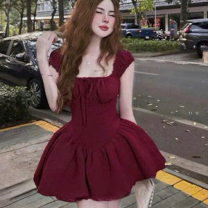 MK_Đầm công chúa mặc hè đầm tiểu thư xinh đầm nàng thơ chất Đũi cổ vuông tay kiểu buộc dây co dãn tùng bồng siêu cưng