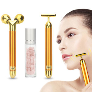 DECINIEE 3 in 1 Energy Beauty Bar 24k Golden Vibrating Facial Roller Massager Face Lifting Anti-wrinkle Skin Care Gemstone Roller Ball