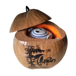 Bộ bình ủ trà trái dừa khắc chữ "Thiện" / Bình trà 04 - 09 lít / Giữ ấm 3 - 6 giờ / Sản phẩm sản xuất thủ công trứ danh xứ dừa Bến Tre