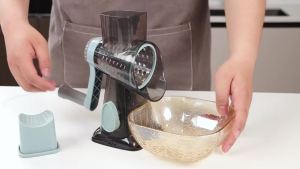 Cheese Grater Cheese Shredder with 3 Interchangeable Blades Rotary Cheese Grater Manual Vegetable Slicer with Non-slip Suction Base Peanut Nuts Grinder Vegetable Shredder Clear