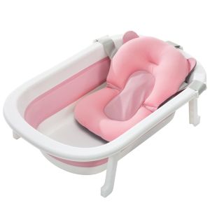 【Free Foam】Baby Bath Tub Pink&Blue Childrens Non-slip Newborn Foldable Tub Comfortable Bath Mat for Baby