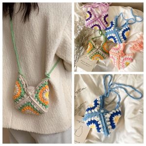 CRNGW กระเป๋าสะพายไหล่ กระเป๋าถักดอกไม้โครเชต์ ดอกทานตะวัน โบฮีเมียน กระเป๋าถัก แบบพกพา กระเป๋าถือ กระเป๋าชายหาด สาว