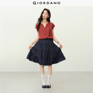 Giordano Women 100% cotton lace trim denim tiered skirt Free Shipping 18466220