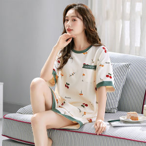 Comfortable Loungewear Set With Chest Pad High Quality Short Sleeve Pajamas Cotton Printed Adult Sleepwear