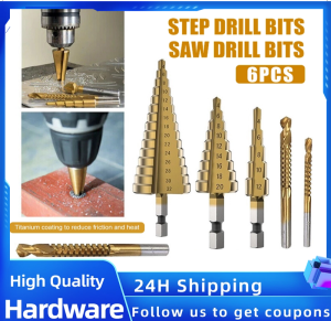 6PCS Titanium Coated Step Drill Bits Coated Hex Shank Step Pagoda Drill Woodworking Slot Saw Drill Set Triangular Drill