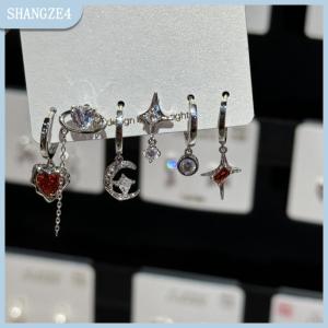 【SHANGZE4】 6 cái bộ Goth Punk Cổ Điển Pha Lê Trái Tim Mặt Trăng Chữ Thập Sao Mặt Dây Chuyền Bông Tai Cho Nam Giới Phụ Nữ Y2K Thẩm Mỹ Đồ Trang Sức Phụ Kiện