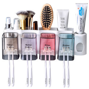 Kệ 4 ngăn đựng có đồ  lấy  kem đanh răng kèm 4 ly  - dụng cụ lấy kem đánh răng - kệ nhà tắm chống nước - kệ đựng bàn chải