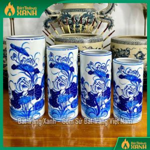 Ống cắm hương ống cắm đũa Bát Tràng Lọ đựng hương ống hương men lam men trắng hoạ tiết hoa sen