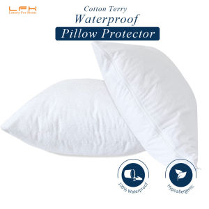 Waterproof Pillow Protector Set of 2 Hotel Bed Pillow Cover Machine Washable Zipper Pillowcase (Cotton Terry)