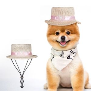 DEQIX Handwoven Pet Straw Hat with Adjustable Strap Summer Costumes Cat Dog Sun Cap Retro Party Headdress Farmer Pet Hat for Puppy
