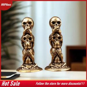 【COD】🔥🔥🔥 1PC Brass Three Layers Skull Heads Small Statue Desktop Decorations Vintage Punk Miniatures Figurines Home Decors Ornaments