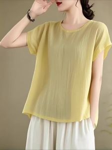 Cotton And Linen Plus Size Summer Retro Round Neck Short Sleeved T-Shirt Loose Casual Slimming Solid Color WomenS Top