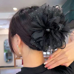 Christmas gift 【AYLMER】 Mesh Lace Black Feather Ribbon Bow Hair Claws Hairpin Big Ponytail Holder Hair Clips Hair Accessories For Women