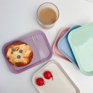 Ins Simple Wheat Straw Rectangle Tray Bowl Fruit Plate Snack Storage Tray Tableware