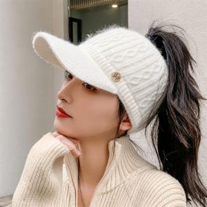 HOTOTO Padded Warm Duck Tongue Cap Plush Lining Empty Top Baseball Hat Fashionable Woolen Fabric Visor Cap Autumn and Winter