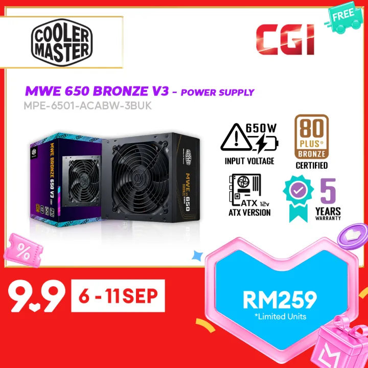 Cooler Master MWE 650 Bronze 80 Plus Certified V3 230V Power Supply PSU - MPE-6501-ACABW-3BUK