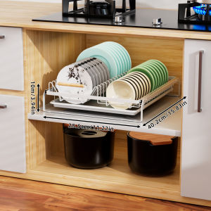 2-Tier Pull-Out Dish Rack Cutlery Organizer Cabinet Dish Rack Under-Sink Storage Rack Multi-functional Rack