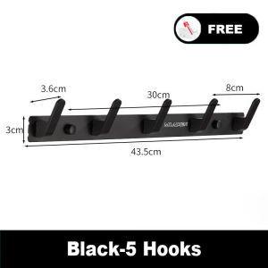 Multi Hook Wall Adhesive No Drill Hooks Black Aluminum Hanging Clothes Towel Kitchen Bathroom Dinding Cangkuk Pantri