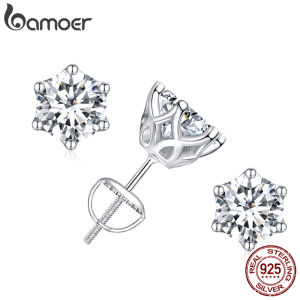 BAMOER 0.5CT-3CT Moissanite Stud Earrings S925 Silver 6 Prongs D Color Round Cut Lab Created Diamond Wedding 18k Gold Earrings2026
