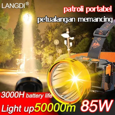 💥lebih terang dari matahari💥LANDI Senter cas kepala Senter kepala super terang 85WATT 5000 Lumens Tahan air dan tahan jatuh Cocok untuk memancing malam Patroli malam (Senter kepala Senter terang jarak jauh Senter kepala led super terang)