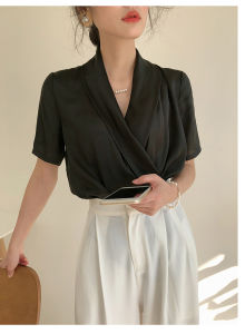 Alisa Sonya Women Satin Blouse French Style Silky Shirt Elegant Short Sleeve V-neck Blouse Tops